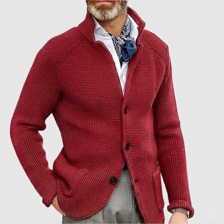 Mens Waffle Knit Cardigan Sweater Stand Collar Button Front