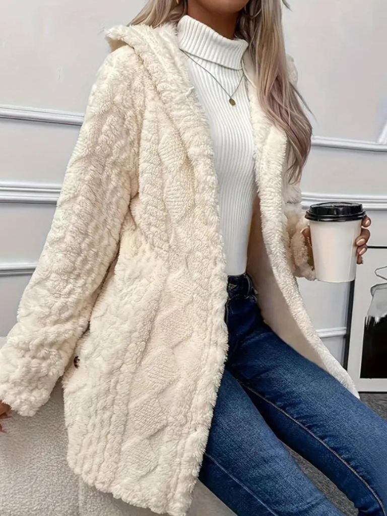Womens Fuzzy Hooded Cardigan Coat Long Sleeve Plush