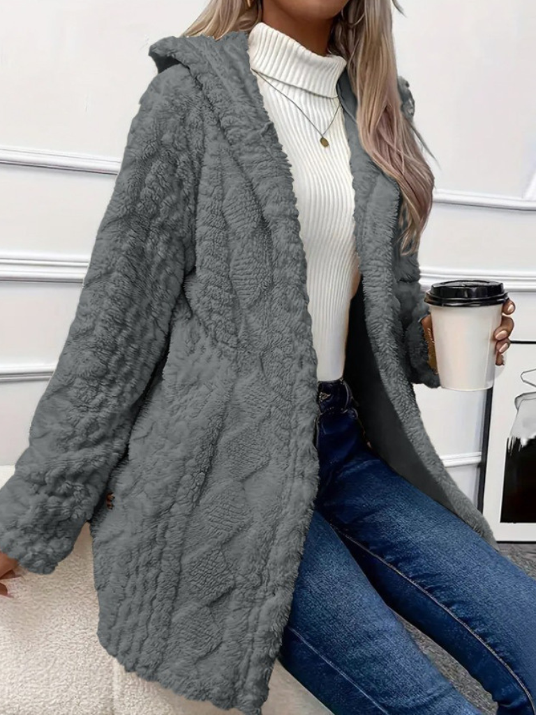 Womens Fuzzy Hooded Cardigan Coat Long Sleeve Plush
