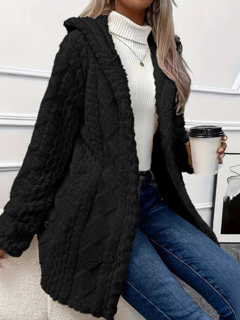 Womens Fuzzy Hooded Cardigan Coat Long Sleeve Plush