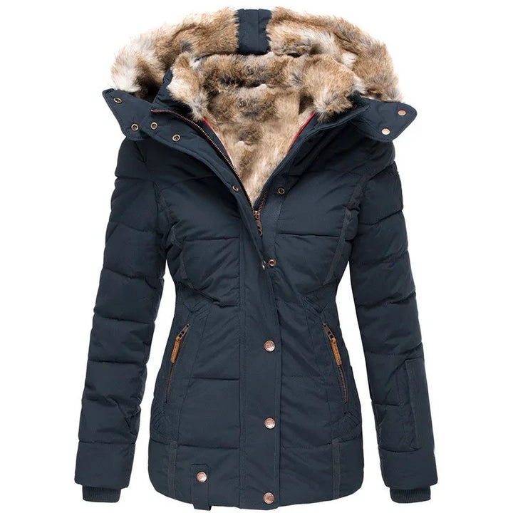 Womens Quilted Puffer Jacket Faux Fur Hood Winter Coat