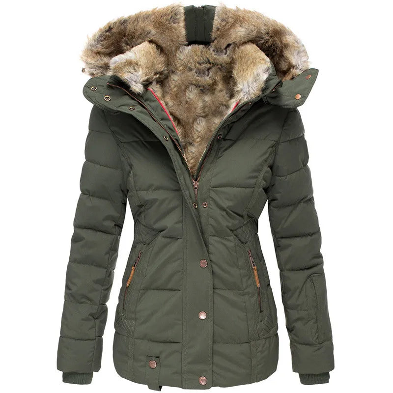 Womens Quilted Puffer Jacket Faux Fur Hood Winter Coat