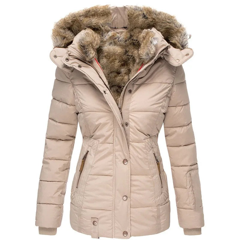Womens Quilted Puffer Jacket Faux Fur Hood Winter Coat