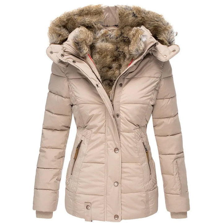 Womens Quilted Puffer Jacket Faux Fur Hood Winter Coat