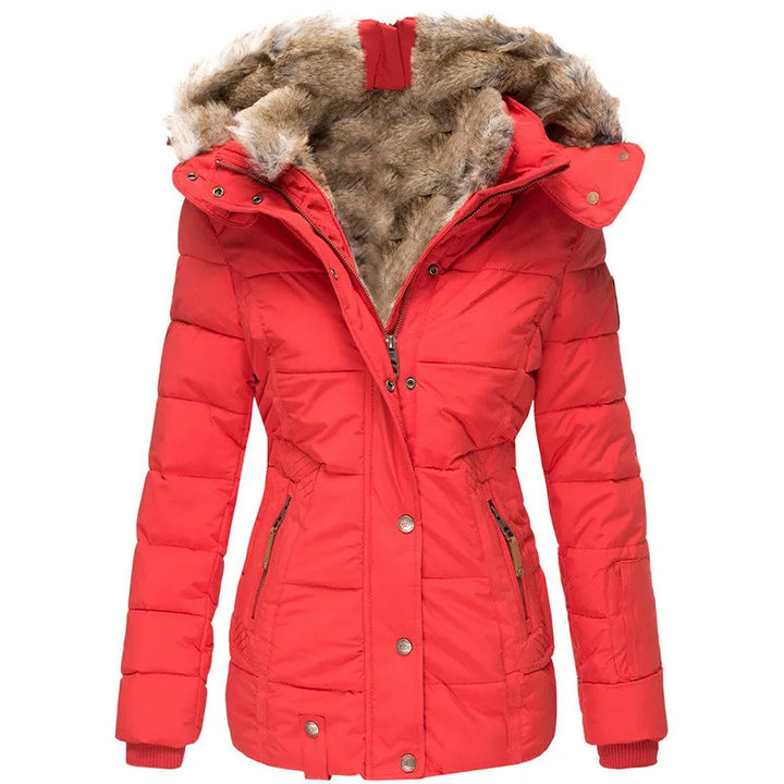 Womens Quilted Puffer Jacket Faux Fur Hood Winter Coat