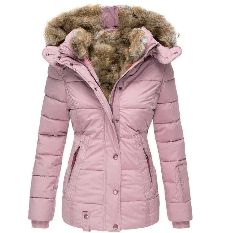 Womens Quilted Puffer Jacket Faux Fur Hood Winter Coat