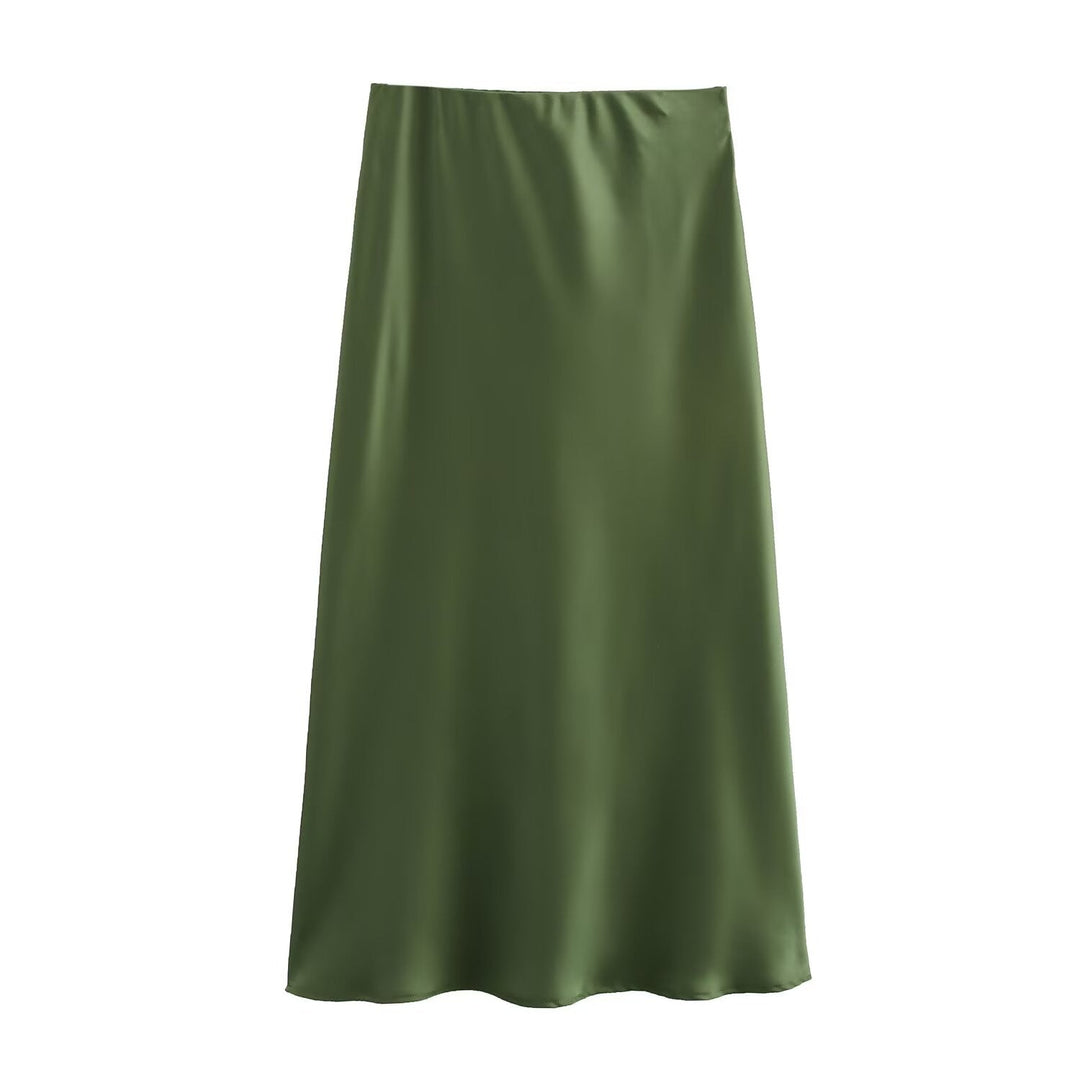 Satin Midi Skirt A-Line Side Zipper Mid-Calf Women