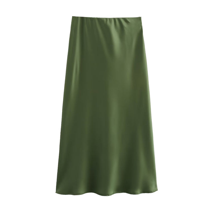 Satin Midi Skirt A-Line Side Zipper Mid-Calf Women