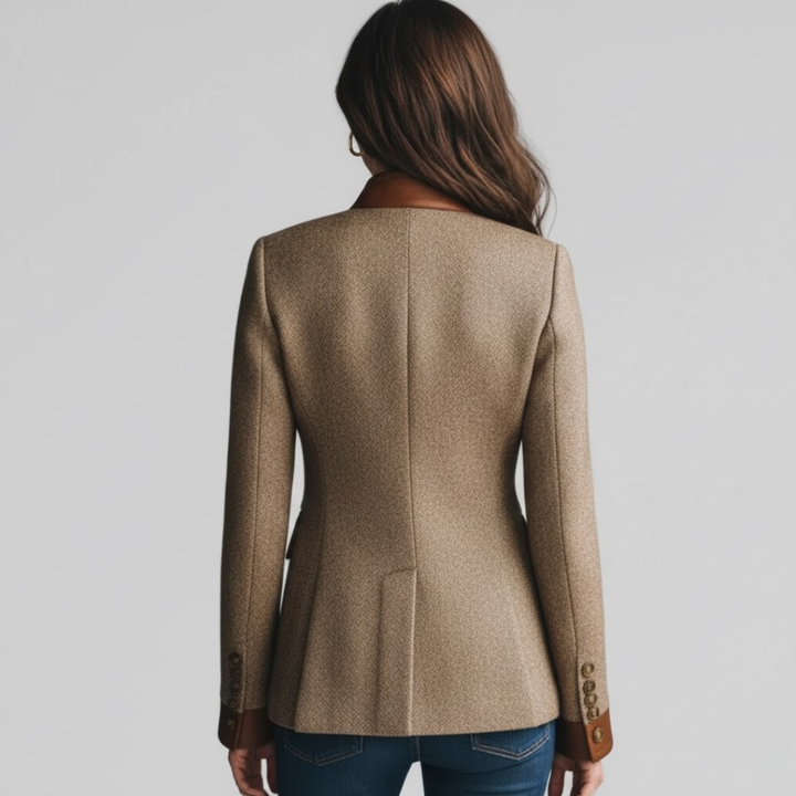 Women Tweed Blazer Leather Trim Tailored Jacket