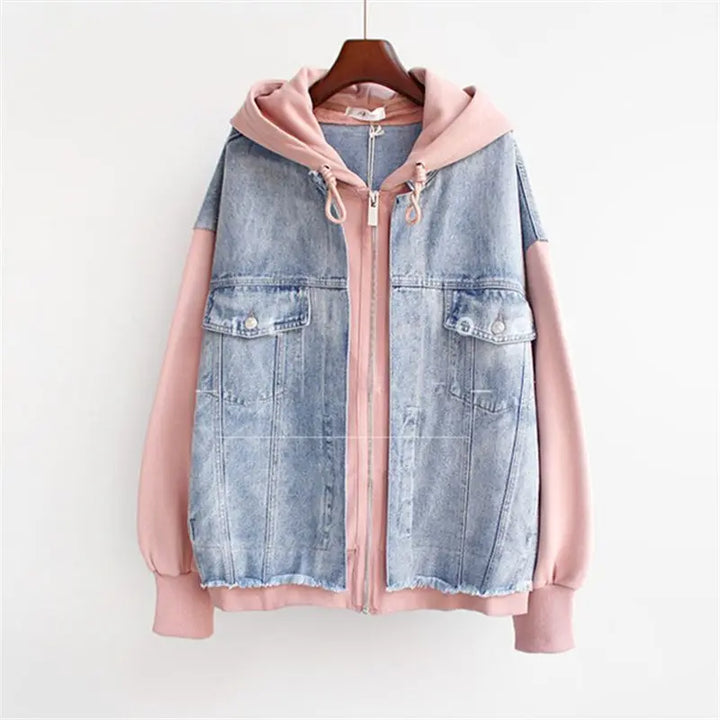 Womens Denim Hoodie Jacket Pink Sleeve Hybrid
