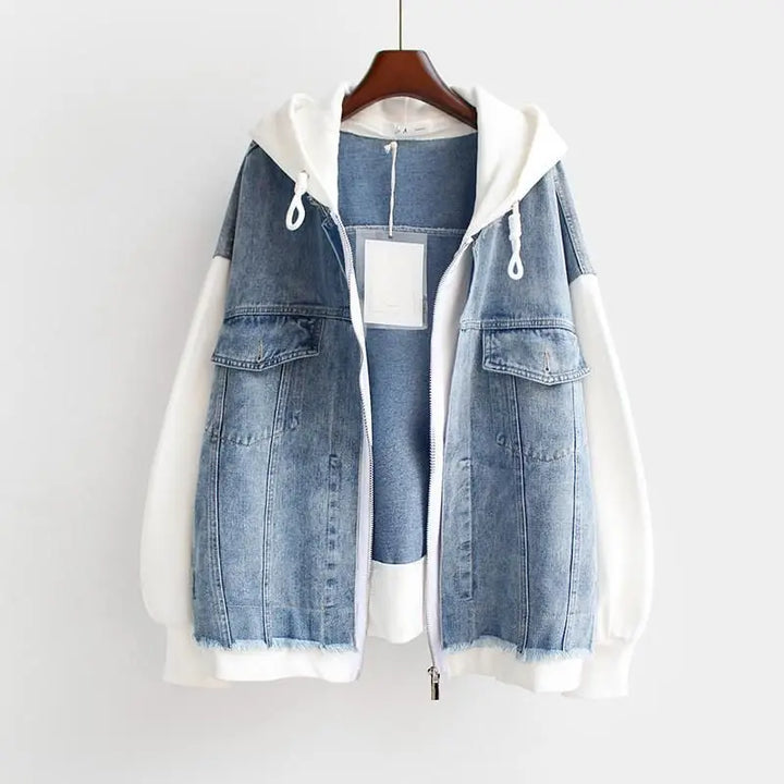 Womens Denim Hoodie Jacket Pink Sleeve Hybrid