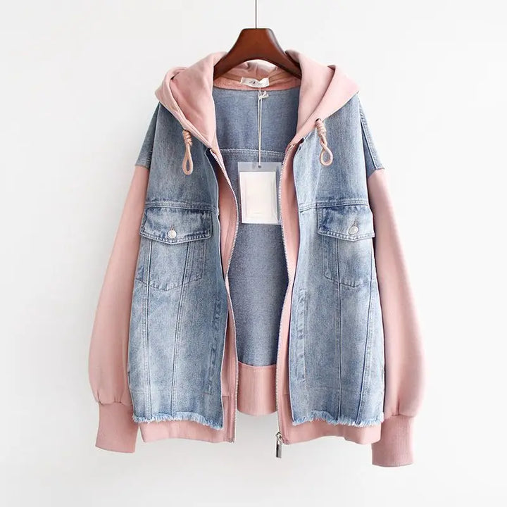 Womens Denim Hoodie Jacket Pink Sleeve Hybrid
