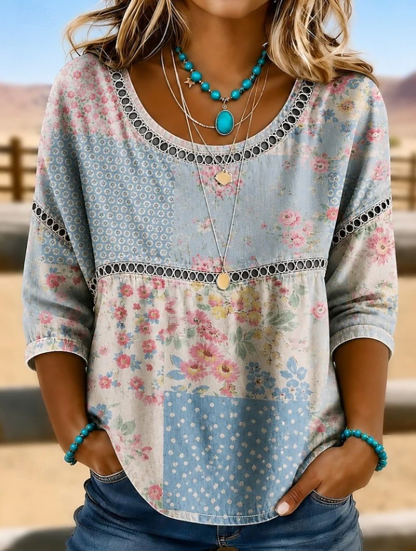 Boho Embroidered V-Neck Top Women Relaxed Fit