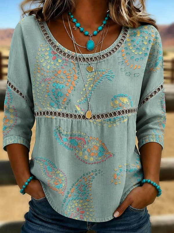 Boho Embroidered V-Neck Top Women Relaxed Fit