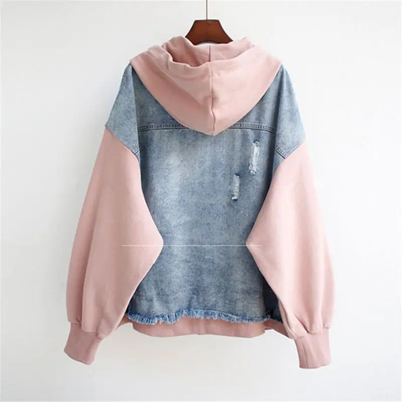Womens Denim Hoodie Jacket Pink Sleeve Hybrid