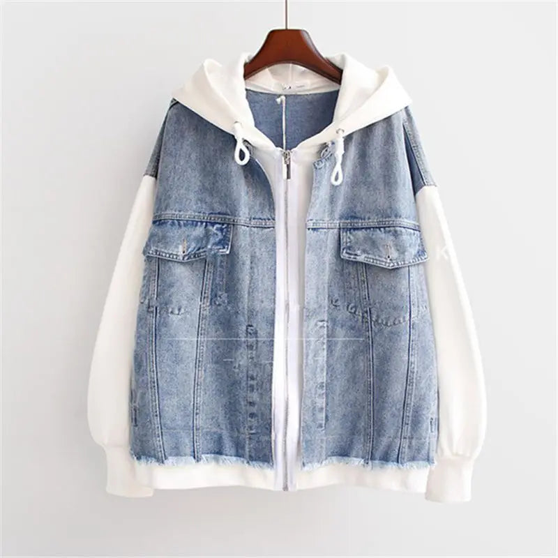 Womens Denim Hoodie Jacket Pink Sleeve Hybrid