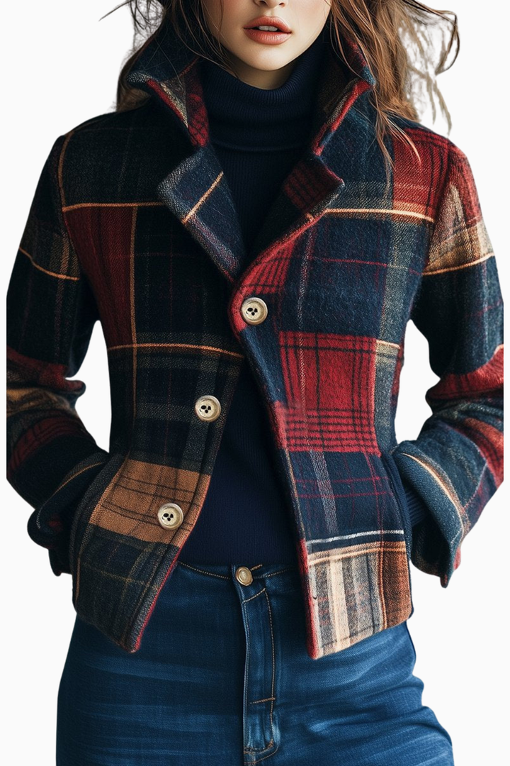 Womens Plaid Wool Blend Jacket Vintage Tartan Coat
