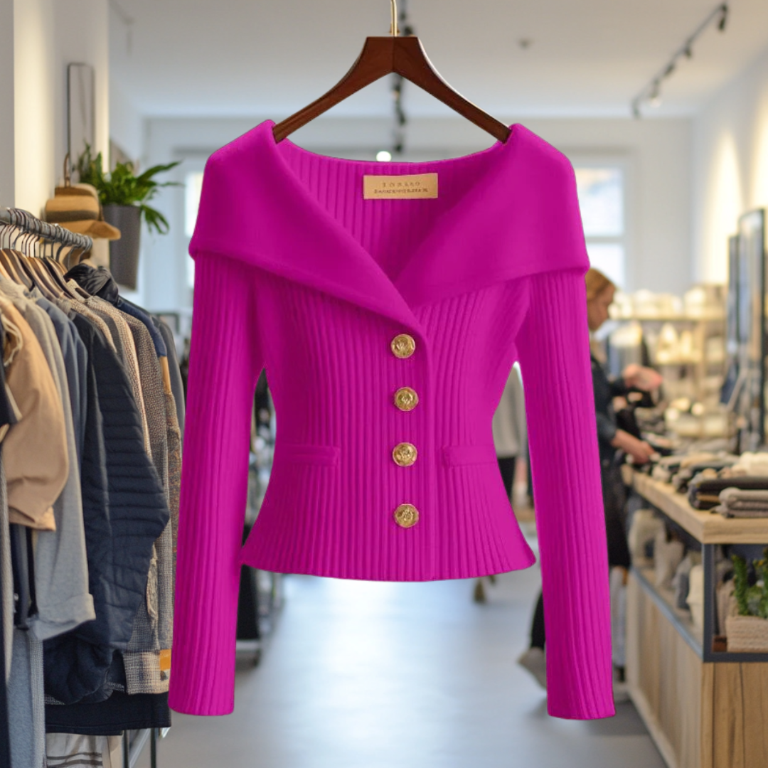 Womens Yellow Ribbed Knit Sweater Jacket with Wide Collar