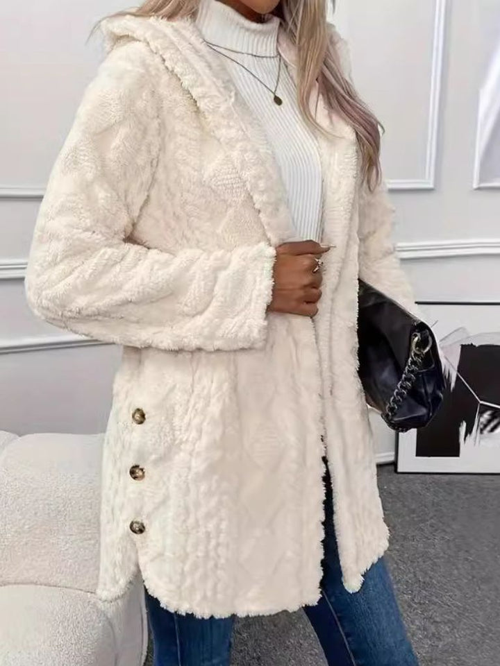 Womens Fuzzy Hooded Cardigan Coat Long Sleeve Plush