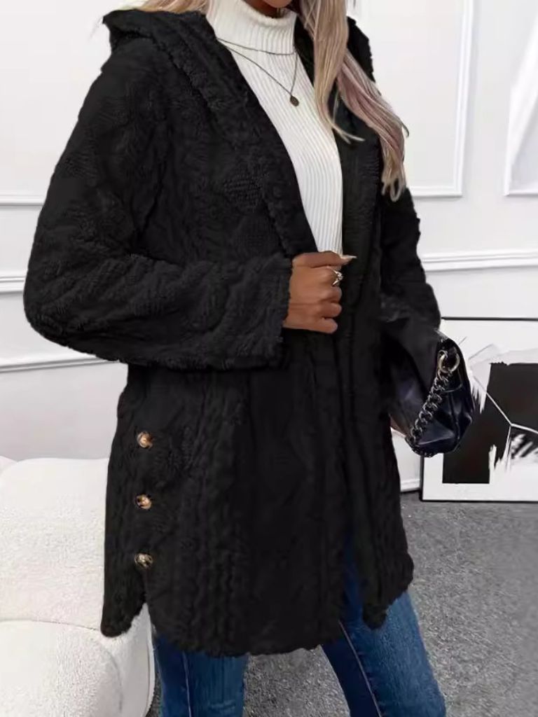 Womens Fuzzy Hooded Cardigan Coat Long Sleeve Plush