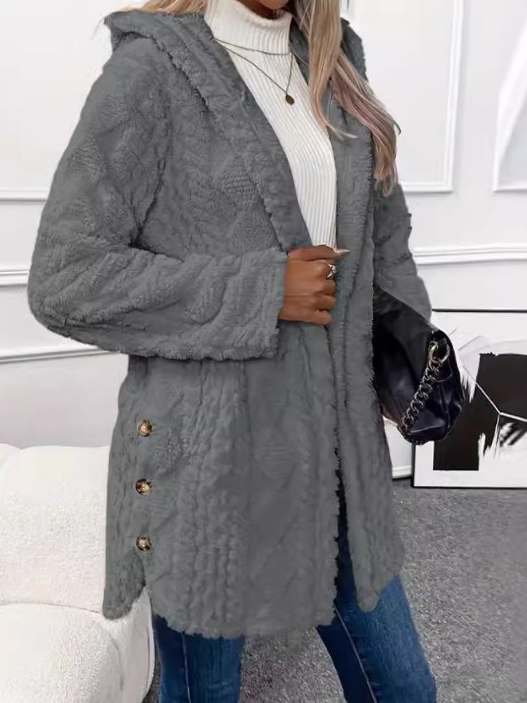 Womens Fuzzy Hooded Cardigan Coat Long Sleeve Plush