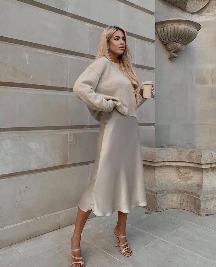 Satin Midi Skirt A-Line Side Zipper Mid-Calf Women