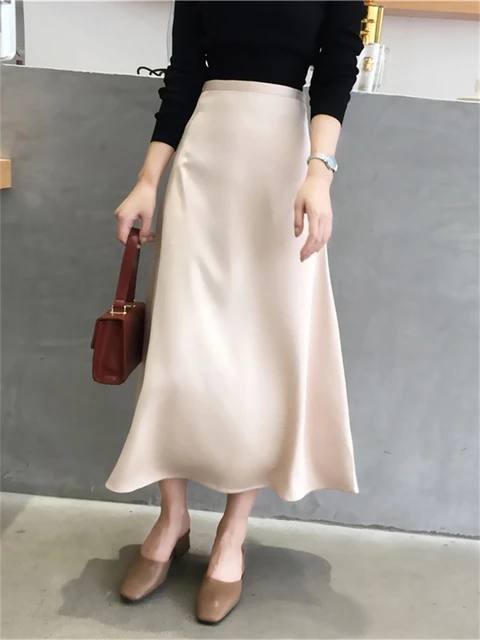 Satin Midi Skirt A-Line Side Zipper Mid-Calf Women