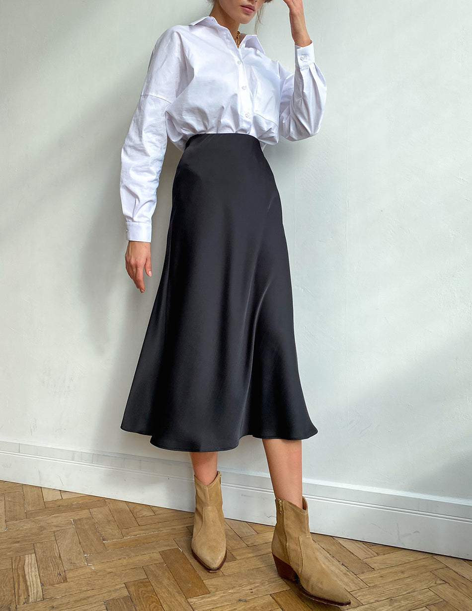 Satin Midi Skirt A-Line Side Zipper Mid-Calf Women