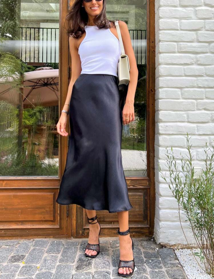Satin Midi Skirt A-Line Side Zipper Mid-Calf Women