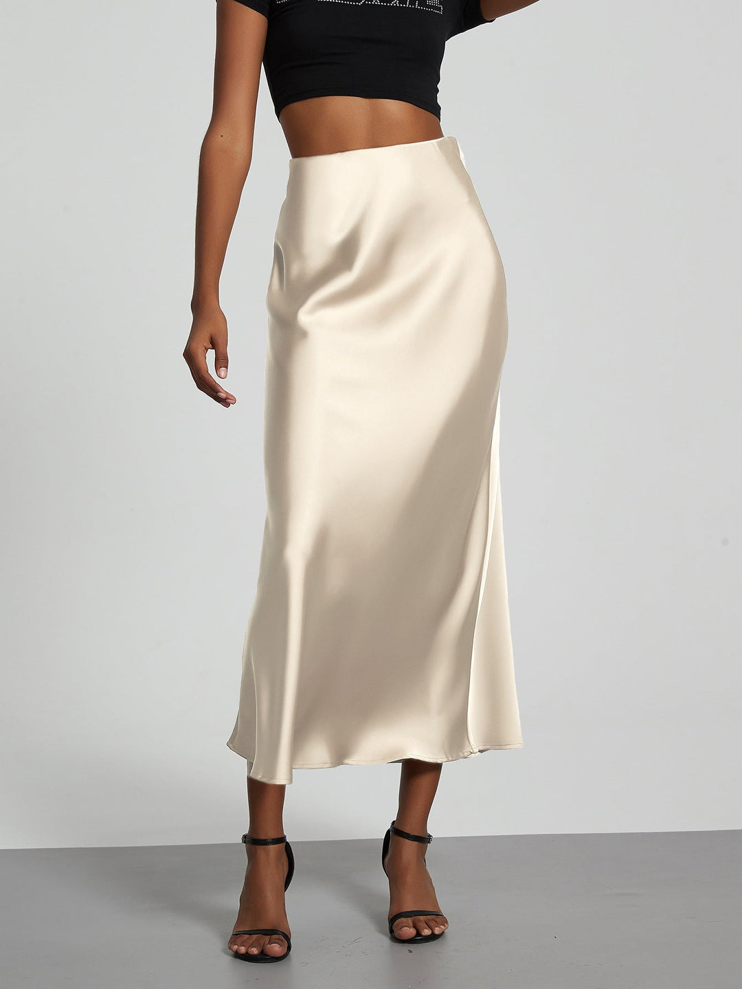 Satin Midi Skirt A-Line Side Zipper Mid-Calf Women