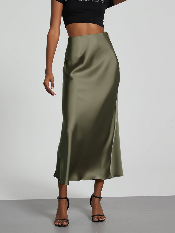 Satin Midi Skirt A-Line Side Zipper Mid-Calf Women