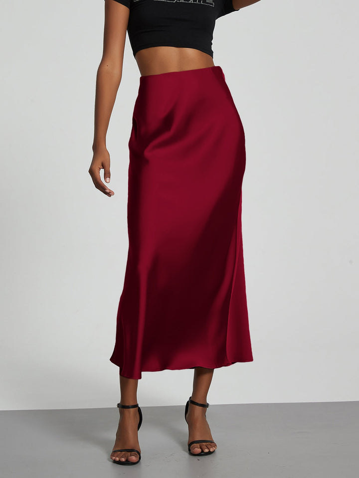 Satin Midi Skirt A-Line Side Zipper Mid-Calf Women