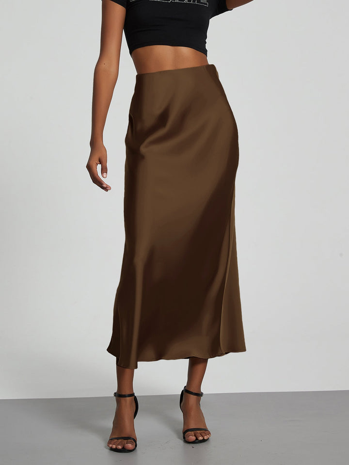 Satin Midi Skirt A-Line Side Zipper Mid-Calf Women