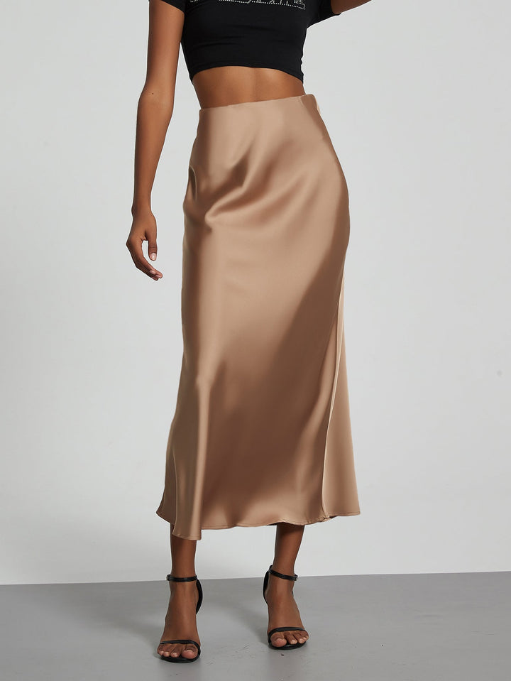 Satin Midi Skirt A-Line Side Zipper Mid-Calf Women