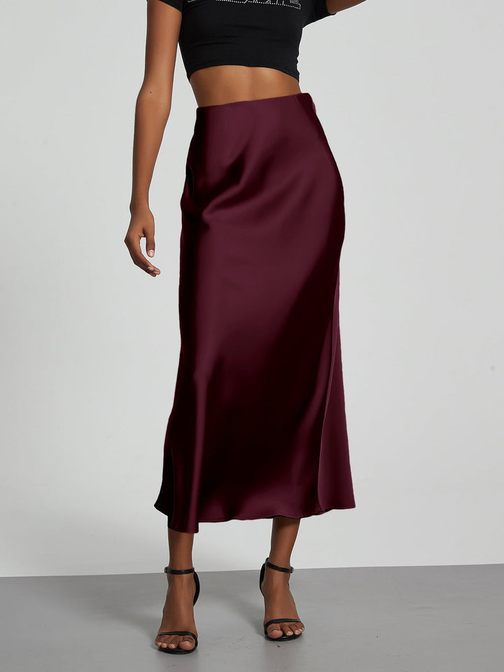 Satin Midi Skirt A-Line Side Zipper Mid-Calf Women