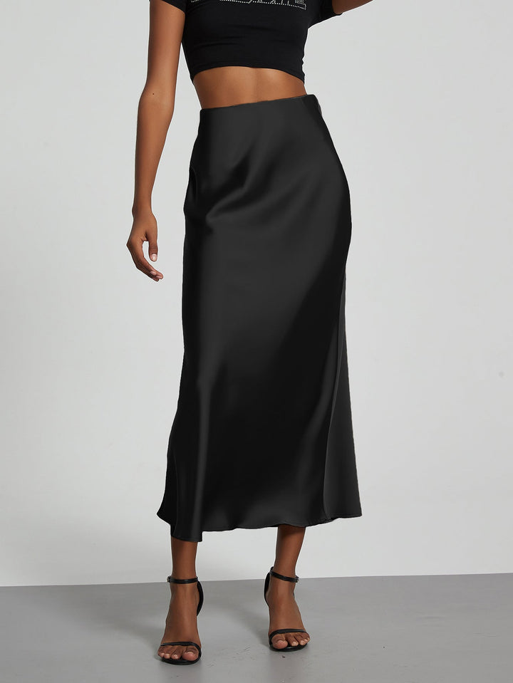 Satin Midi Skirt A-Line Side Zipper Mid-Calf Women