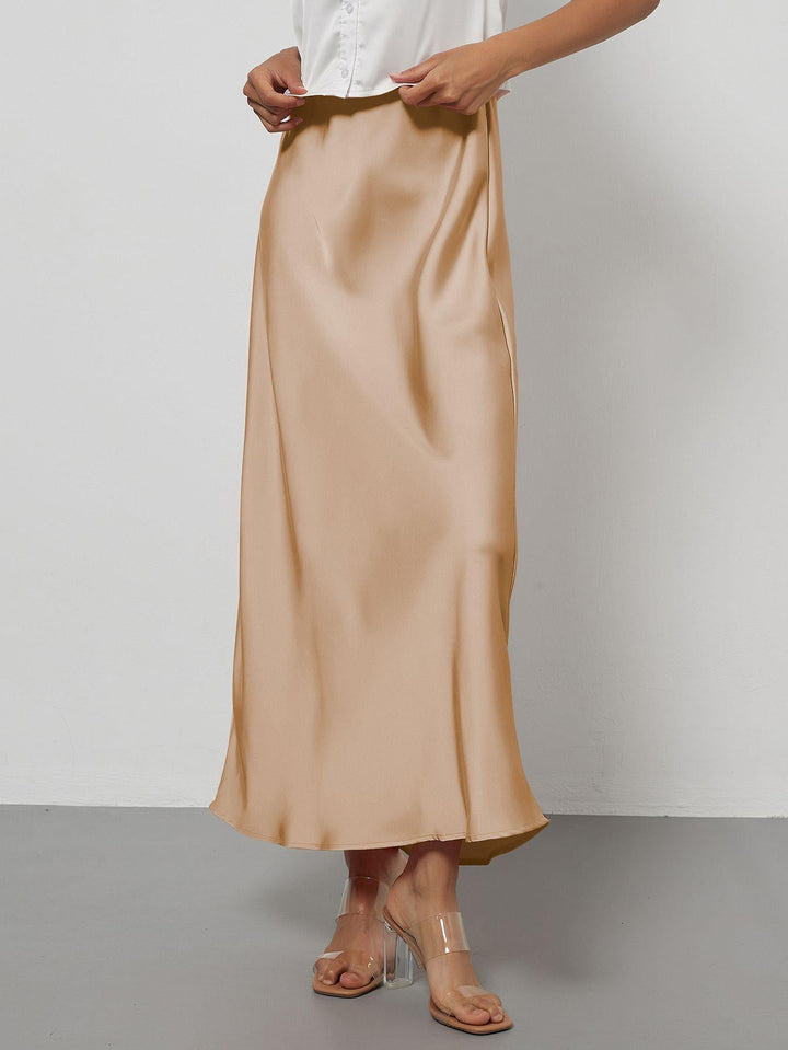 Satin Midi Skirt A-Line Side Zipper Mid-Calf Women