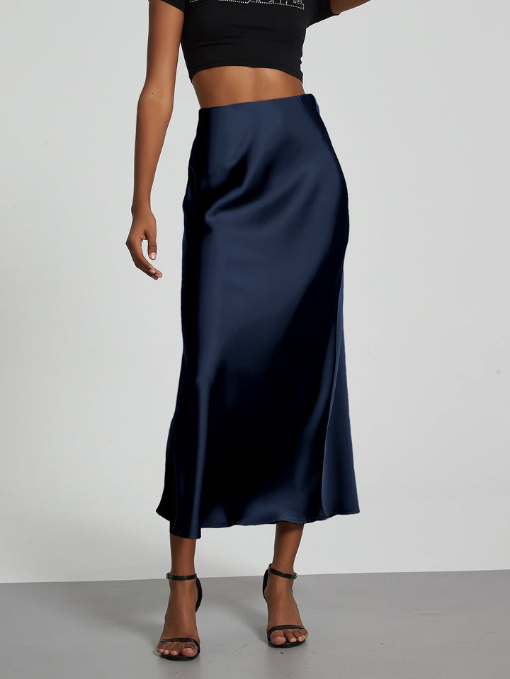 Satin Midi Skirt A-Line Side Zipper Mid-Calf Women