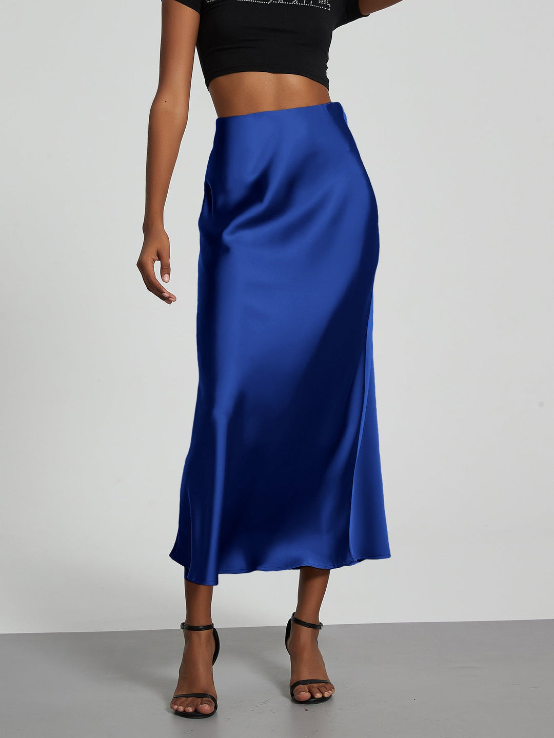 Satin Midi Skirt A-Line Side Zipper Mid-Calf Women