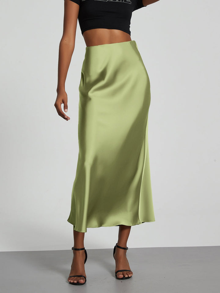 Satin Midi Skirt A-Line Side Zipper Mid-Calf Women