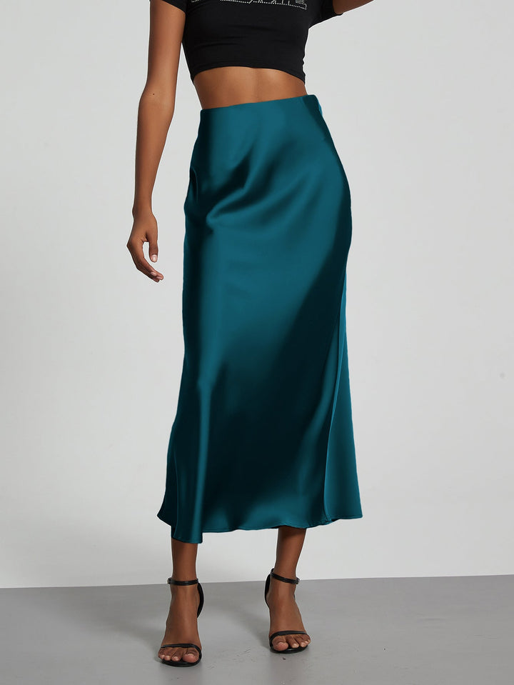 Satin Midi Skirt A-Line Side Zipper Mid-Calf Women
