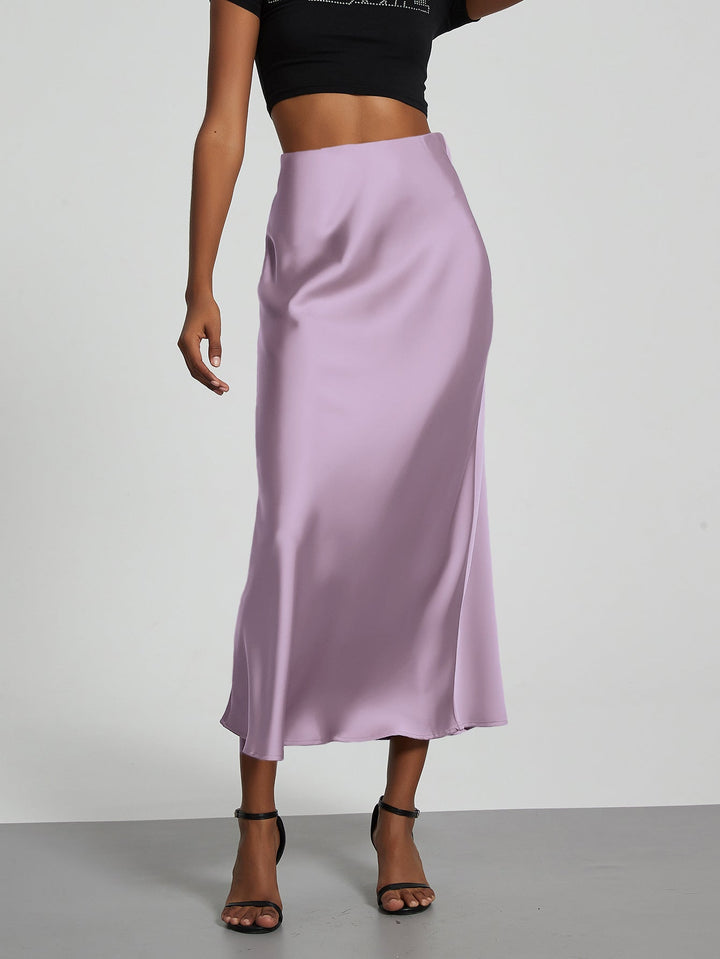 Satin Midi Skirt A-Line Side Zipper Mid-Calf Women