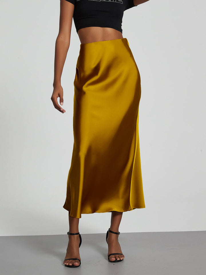 Satin Midi Skirt A-Line Side Zipper Mid-Calf Women