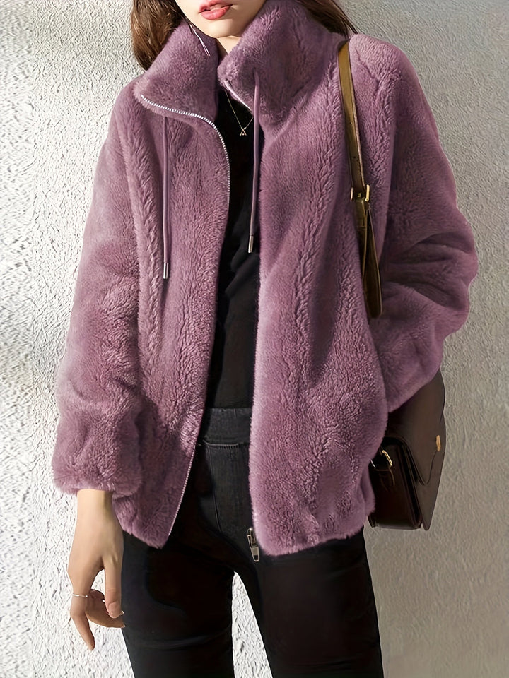 Women Plush Fleece Zip Up Jacket Stand Collar