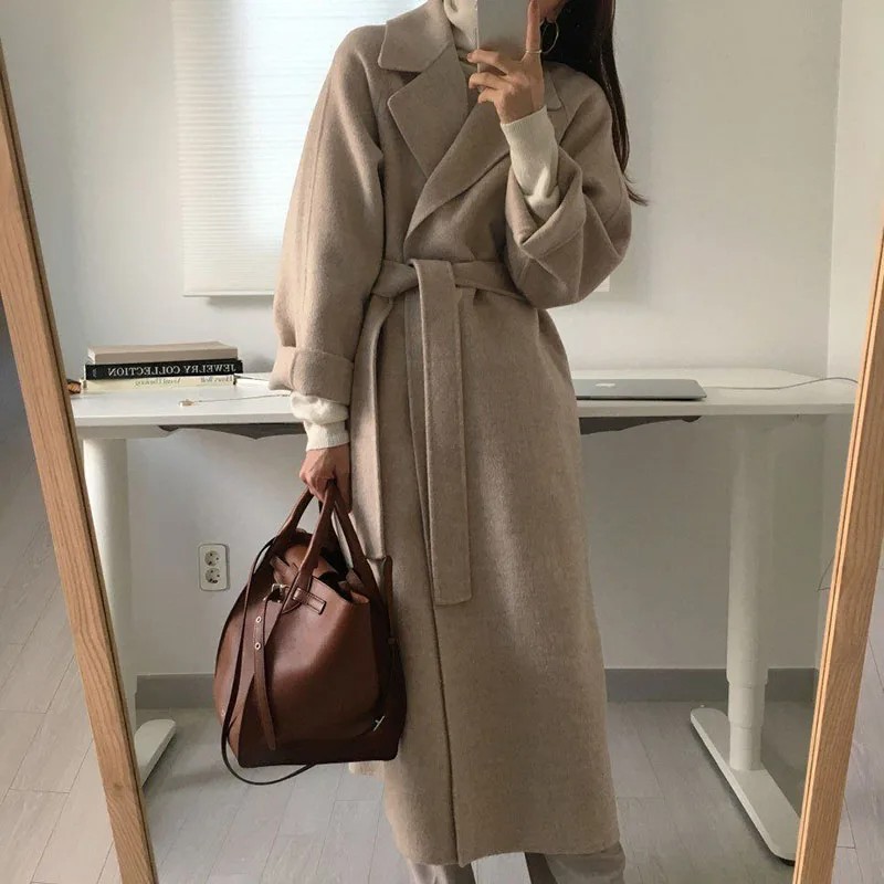 Womens Belted Longline Coat Oversized Polished Wrap