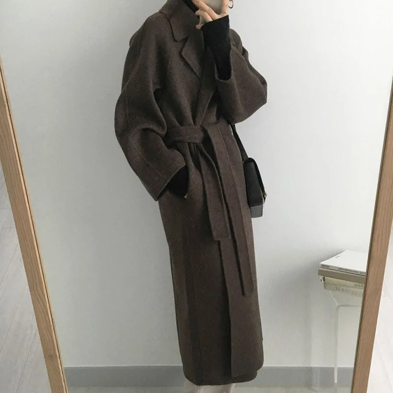 Womens Belted Longline Coat Oversized Polished Wrap