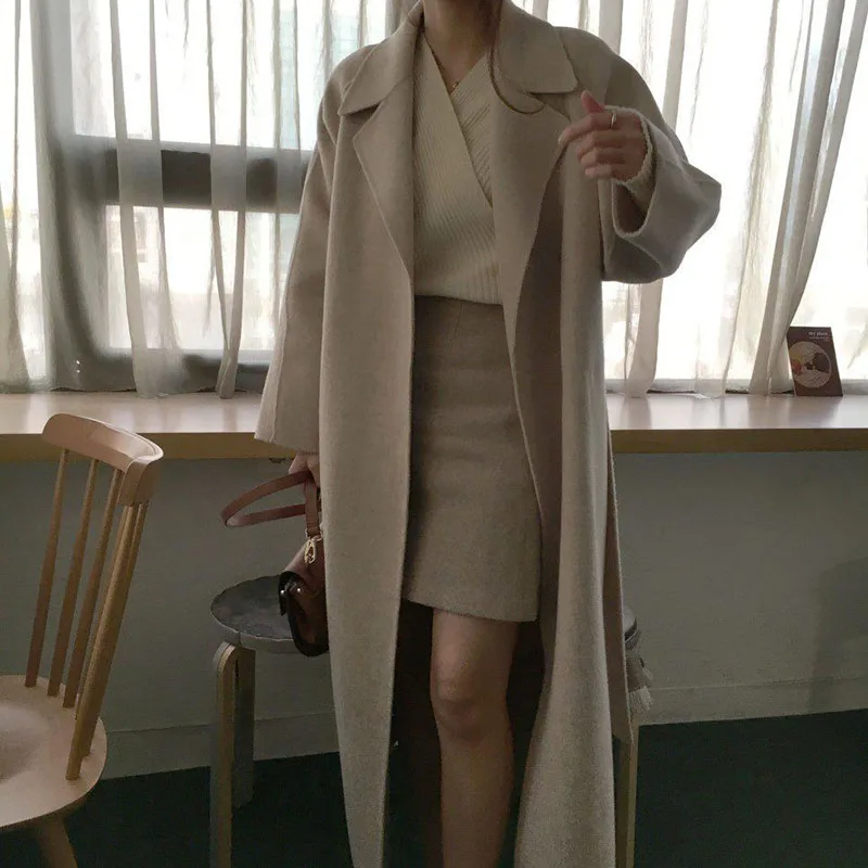 Womens Belted Longline Coat Oversized Polished Wrap