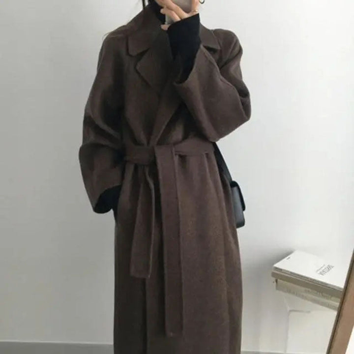 Womens Belted Longline Coat Oversized Polished Wrap