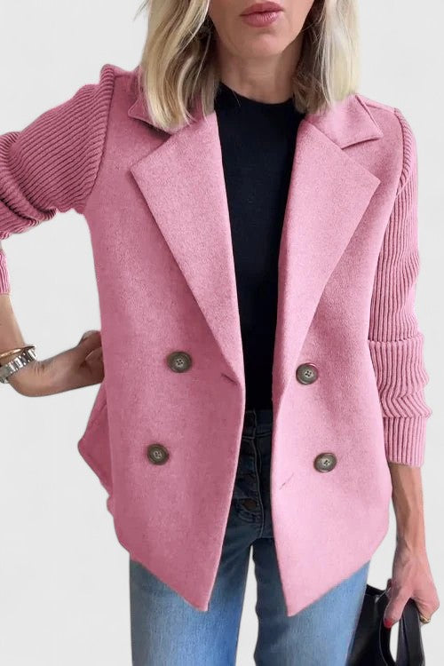 Womens Double Breasted Wool Blazer Contrast Knit Sleeves