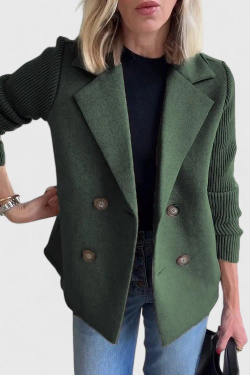 Womens Double Breasted Wool Blazer Contrast Knit Sleeves
